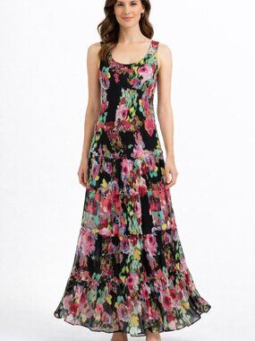 Jones Studio Black Multi-Watercolor Floral Print Sleeveless Maxi Dress Womens 2